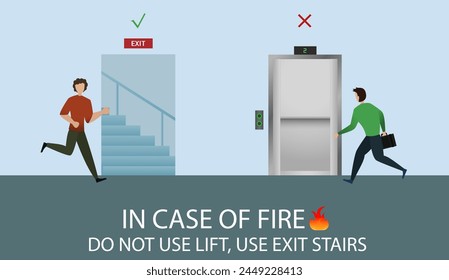 In Case of Fire, Use Stairs poster or sign information, In case of fire don't use elevator use stairs vector illustration, emergency exit safety guidelines