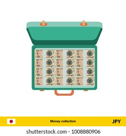 Case full of money on white background. Yen banknote. Business concept vector illustration.
