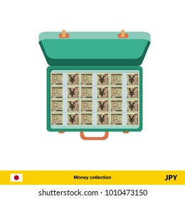 Case full of money on white background. Yen banknote. Business concept vector illustration.