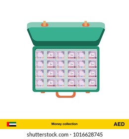 Case full of money on white background. Dirham banknote. Business concept vector illustration.
