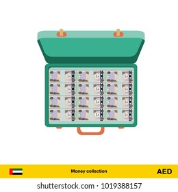 Case full of money on white background. Dirham banknote. Business concept vector illustration.