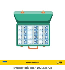Case full of money on white background.  hryvnia banknote. Business concept vector illustration.