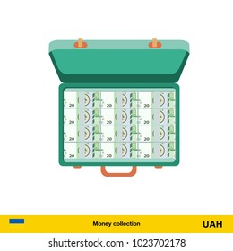 Case full of money on white background.  hryvnia banknote. Business concept vector illustration.