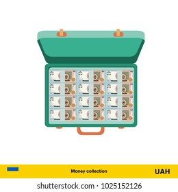 Case full of money on white background.  hryvnia banknote. Business concept vector illustration.