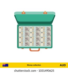Case full of money on white background.  Australian dollar banknote. Business concept vector illustration.