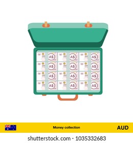 Case full of money on white background.  Australian dollar banknote. Business concept vector illustration.