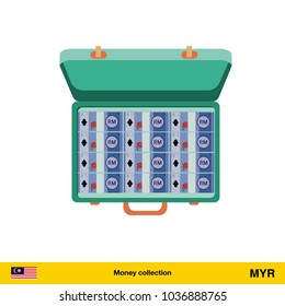 Case full of money on white background.  Ringgit banknote. Business concept vector illustration.