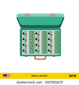 Case full of money on white background.Ringgit banknote. Business concept vector illustration.