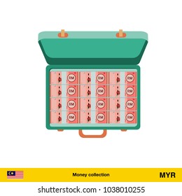 Case full of money on white background.Ringgit banknote. Business concept vector illustration.