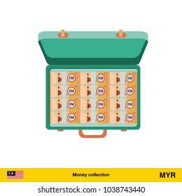 Case full of money on white background.  Ringgit banknote. Business concept vector illustration.