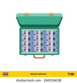 Case full of money on white background. Thai baht banknote. Business concept vector illustration.