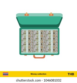 Case full of money on white background. Thai baht banknote. Business concept vector illustration.