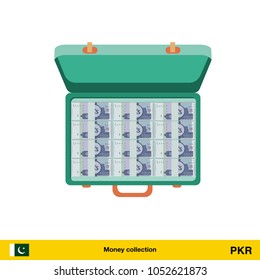 Case full of money on white background. Pakistan rupee banknote. Business concept vector illustration.