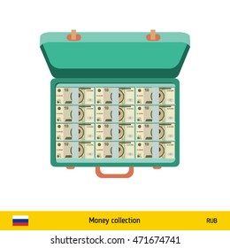Case full of money on white background. Russian Ruble banknote. Business concept vector illustration.