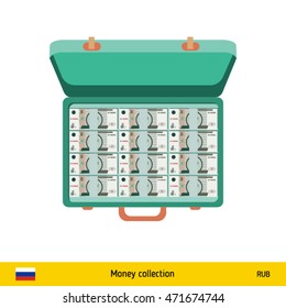 Case full of money on white background. Russian Ruble banknote. Business concept vector illustration.