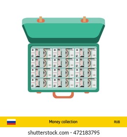 Case full of money on white background. Russian Ruble banknote. Business concept vector illustration.