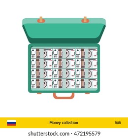 Case full of money on white background. Russian Ruble banknote. Business concept vector illustration.