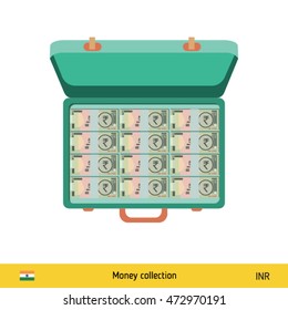 Case full of money on white background. Indian Rupee banknote. Business concept vector illustration.