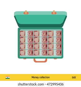 Case full of money on white background. Indian Rupee banknote. Business concept vector illustration.