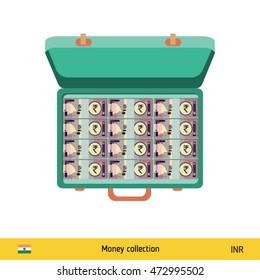 Case full of money on white background. Indian Rupee banknote. Business concept vector illustration.