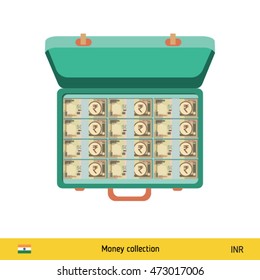 Case full of money on white background. Indian Rupee banknote. Business concept vector illustration.