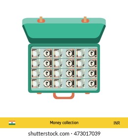 Case full of money on white background. Indian Rupee banknote. Business concept vector illustration.