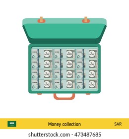 Case full of money on white background. Saudi Arabian riyal banknote. Business concept vector illustration.