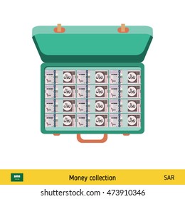 Case full of money on white background. Saudi Arabian riyal banknote. Business concept vector illustration.