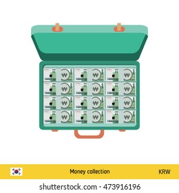 Case full of money on white background. South Korean won banknote. Business concept vector illustration.