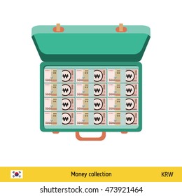 Case full of money on white background. South Korean won banknote. Business concept vector illustration.