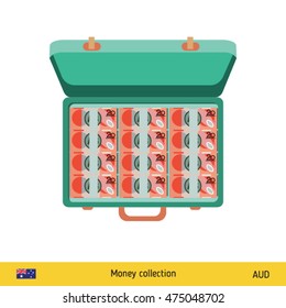 Case full of money on white background. Australian Dollar banknote. Business concept vector illustration.