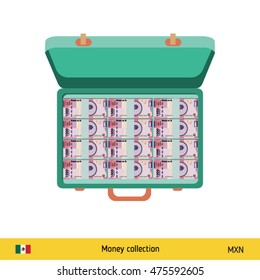 Case full of money on white background. Mexican Peso banknote. Business concept vector illustration.