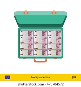 Case full of money on white background. Euro banknote. Business concept vector illustration.