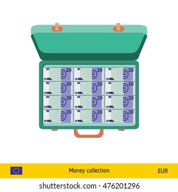 Case full of money on white background. Euro banknote. Business concept vector illustration.