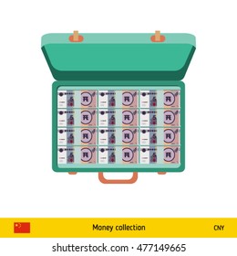Case full of money on white background. Chinese Yuan banknote. Business concept vector illustration.