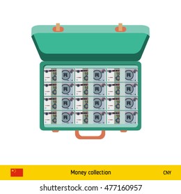 Case full of money on white background. Chinese Yuan banknote. Business concept vector illustration.
