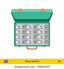 Case full of money on white background. Pound banknote. Business concept vector illustration.