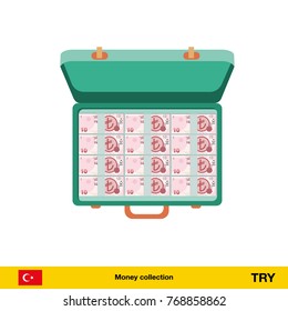 Case full of money on white background. turkey lira banknote. Business concept vector illustration.
