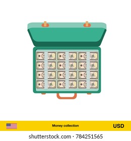 Case full of money on white background. Dollar banknote. Business concept vector illustration.