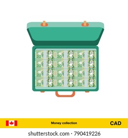 Case full of money on white background. Canadian dollar banknote. Business concept vector illustration.