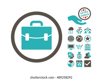 Case icon with bonus clip art. Vector illustration style is flat iconic bicolor symbols, grey and cyan colors, white background.