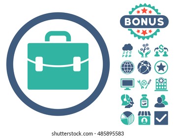 Case icon with bonus images. Vector illustration style is flat iconic bicolor symbols, cobalt and cyan colors, white background.
