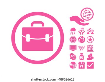 Case icon with bonus icon set. Vector illustration style is flat iconic symbols, pink color, white background.