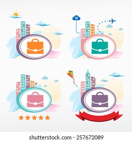 Case icon on city background. Cityscape color illustration set.  
