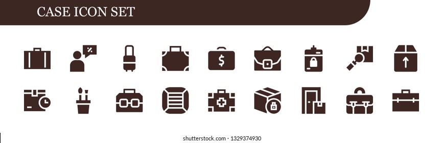 case icon set. 18 filled case icons.  Collection Of - Suitcase, Salesman, Briefcase, Case, Harddrive, Package, Box, Pencil Boxes, Medical kit