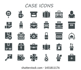 case icon set. 30 filled case icons.  Collection Of - Package, Pencil case, Box, Luggage, Suitcase, Salesman, Briefcase, Baggage, Medical kit, Cardboard, Harddrive, Emergency kit
