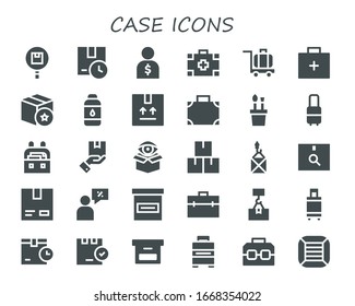 case icon set. 30 filled case icons.  Simple modern icons such as: Package, Salesman, Medical kit, Luggage, Emergency kit, Contact lens, Suitcase, Pencil case, Cardboard