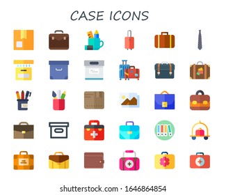 case icon set. 30 flat case icons. Included package, briefcase, pencil case, suitcase, luggage, accessory, box, archive, photography, first aid kit, archives, first aid icons