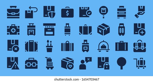 conjunto de iconos de mayúsculas y minúsculas. 32 iconos de mayúsculas y minúsculas. en el estilo de fondo azul Iconos modernos sencillos como: Maletín, Kit médico, Paquete, Maleta, Equipaje, Caja, Equipaje para lápiz, Maletín