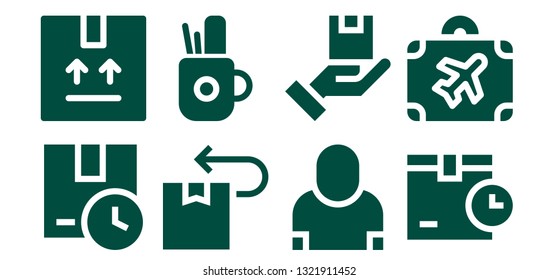 case icon set. 8 filled case icons.  Collection Of - Package, Pencil case, Salesman, Luggage